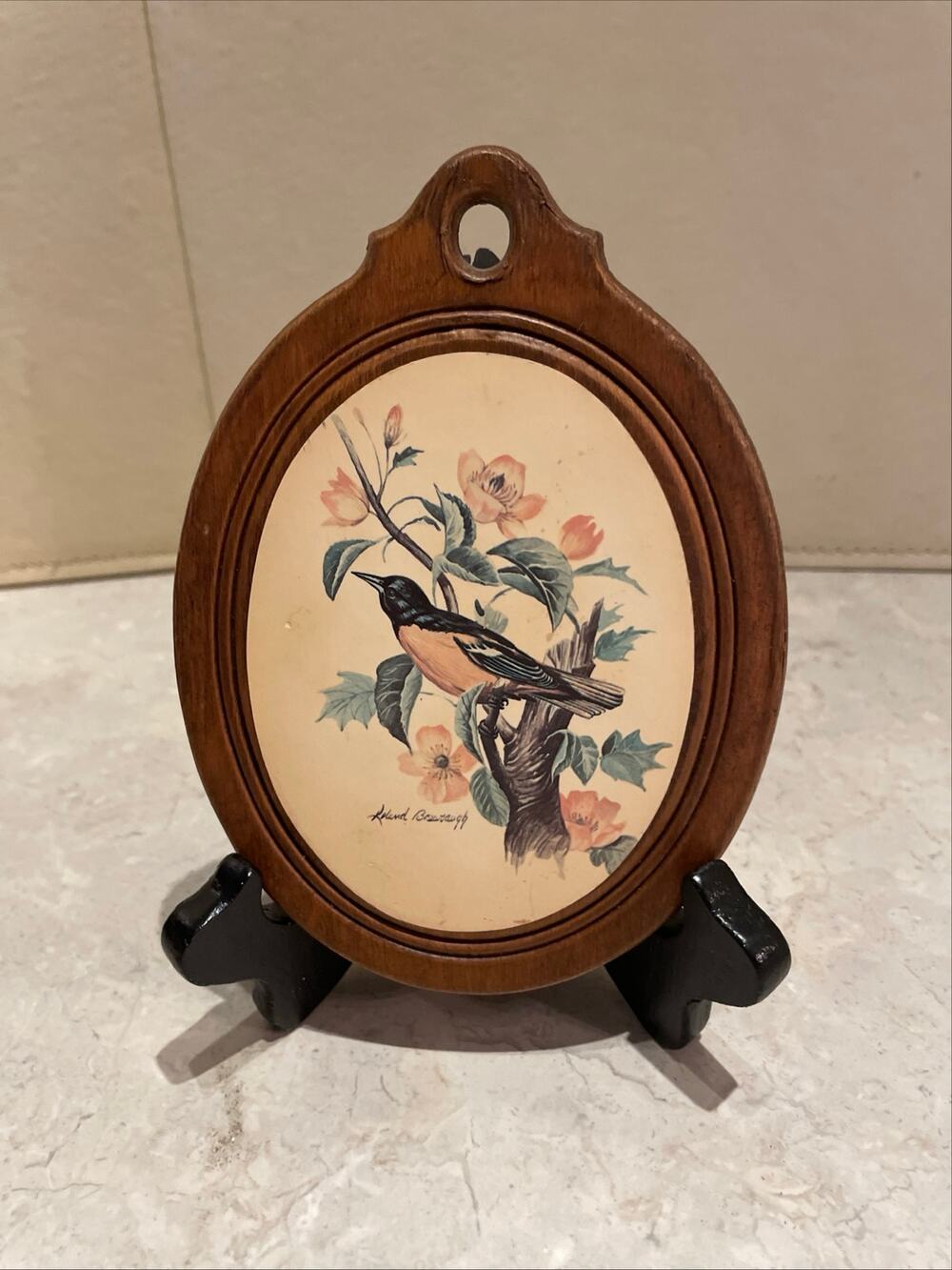 Vintage MCM Leland Brewsaugh wooden Bird Print Cottagecore Small 6.5x4.75”